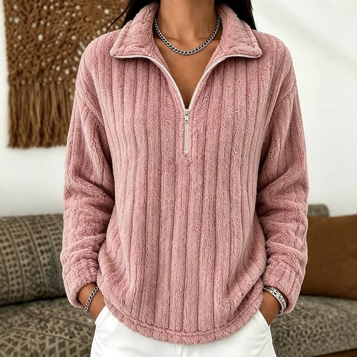 Delphine textured quarter-zip pullover sweater in pink, front view close-up