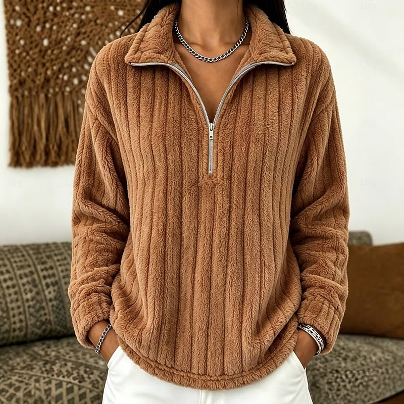 Delphine textured quarter-zip pullover sweater in white, front view close-up