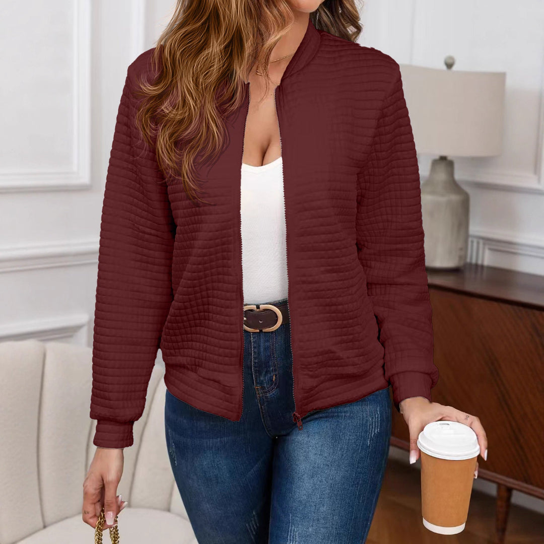 Delphine quilted crewneck bomber jacket in burgundy, front view