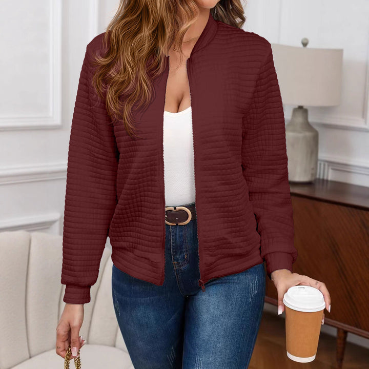Delphine quilted crewneck bomber jacket in burgundy, front view