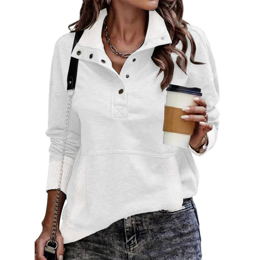 Delphine white snap collar pullover sweatshirt front view with coffee cup