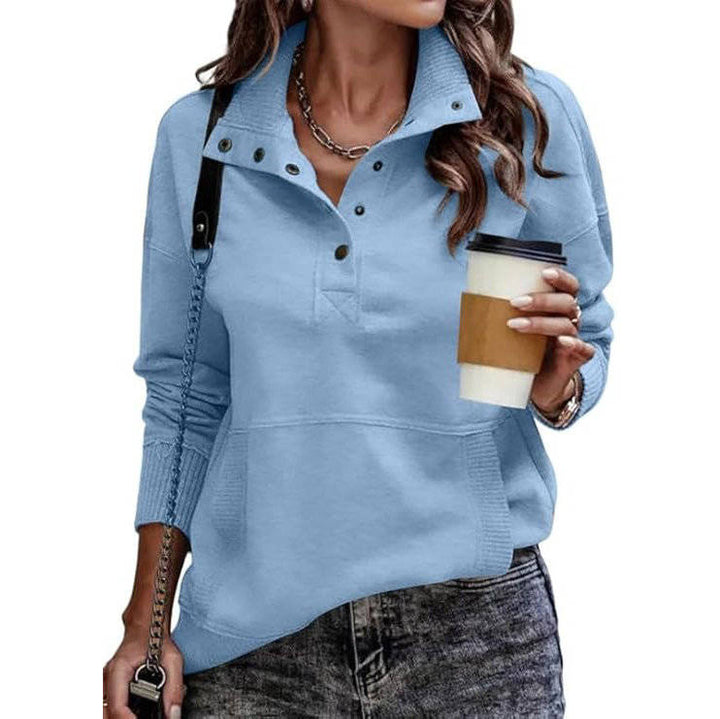 Delphine sky blue snap collar pullover sweatshirt front view with coffee cup