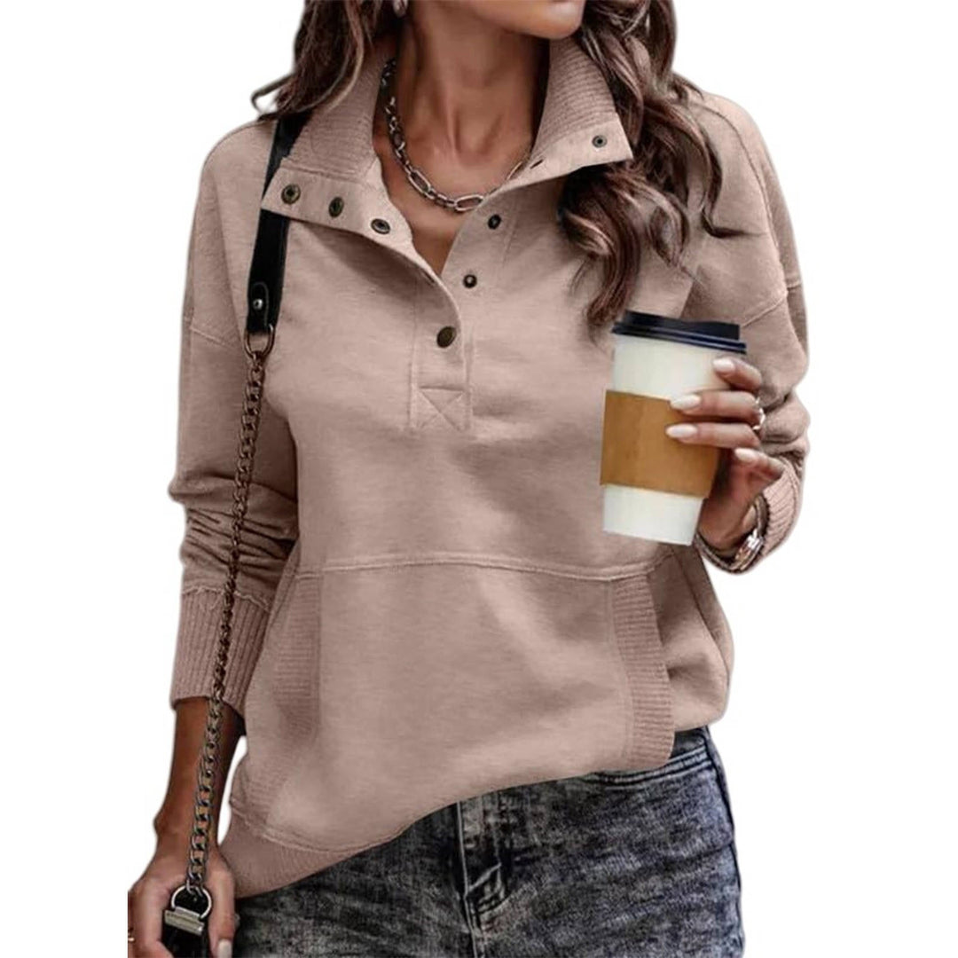 Delphine light pink snap collar pullover sweatshirt front view with coffee cup