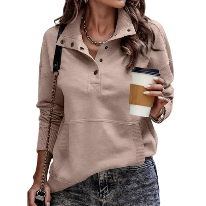 Delphine light pink snap collar pullover sweatshirt front view with coffee cup