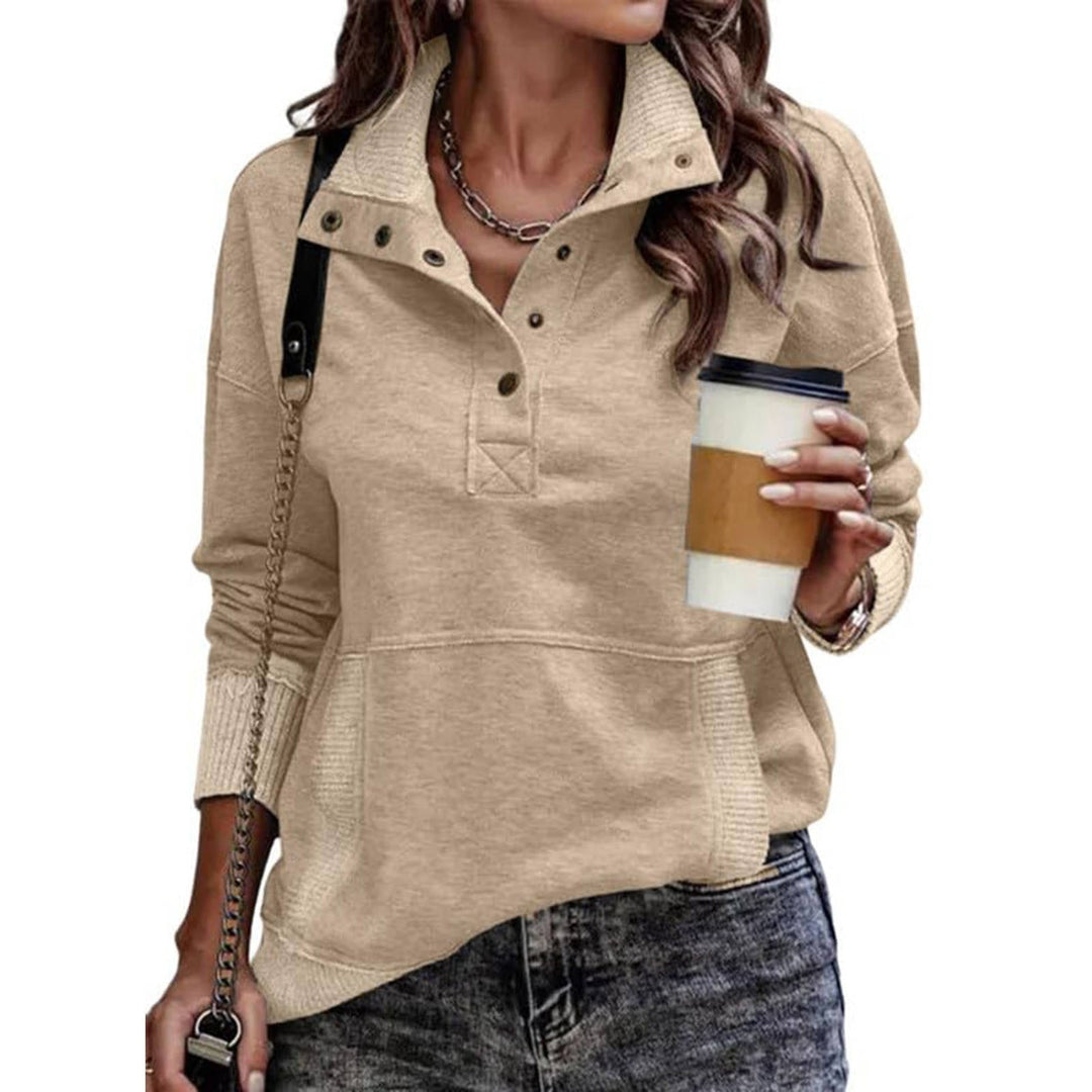 Delphine khaki snap collar pullover sweatshirt front view with coffee cup