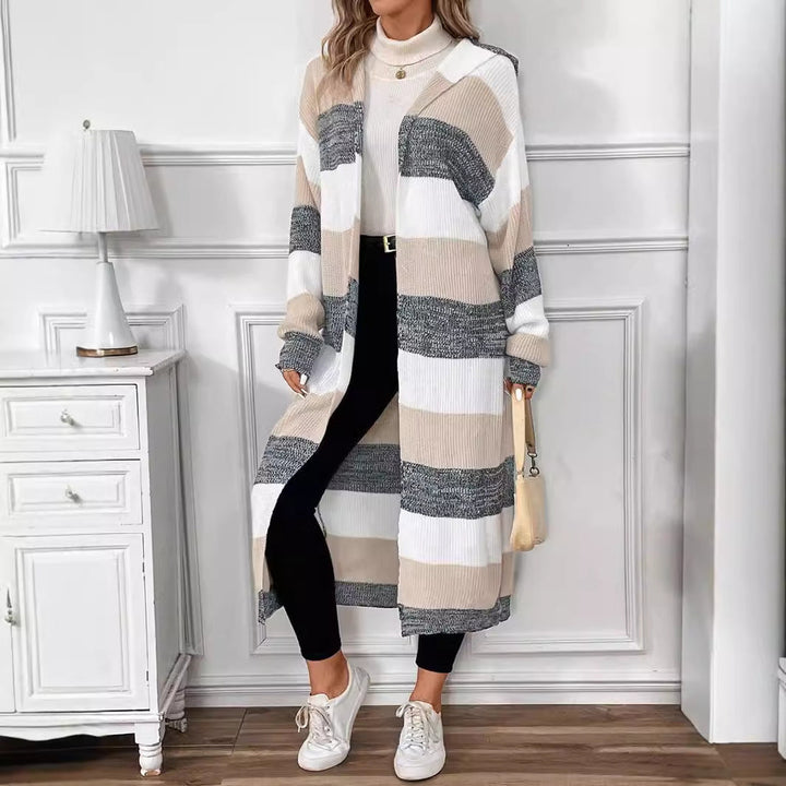 Delphine striped long hooded cardigan, front view with belt and leggings