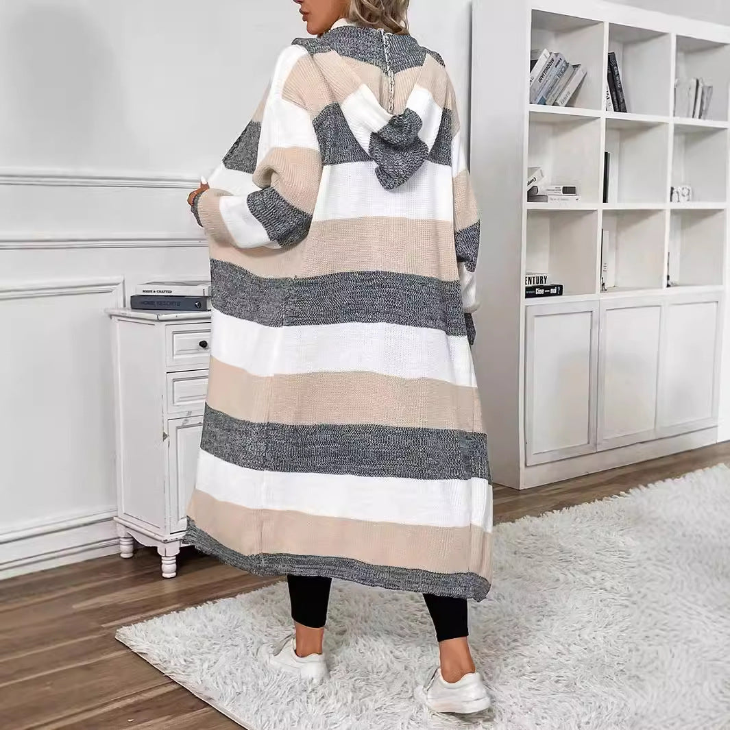 Delphine striped long hooded cardigan, back view showing hood detail