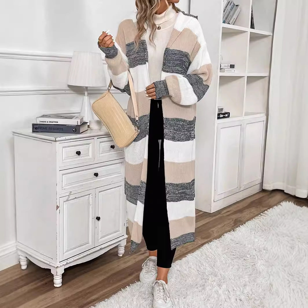 Delphine striped long hooded cardigan, close-up front view with crossbody bag