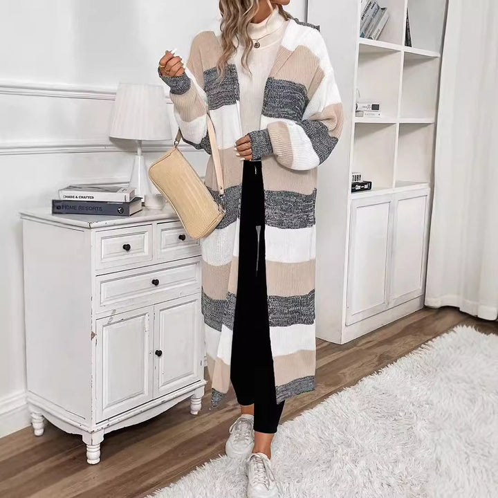 Delphine striped long hooded cardigan, close-up front view with crossbody bag