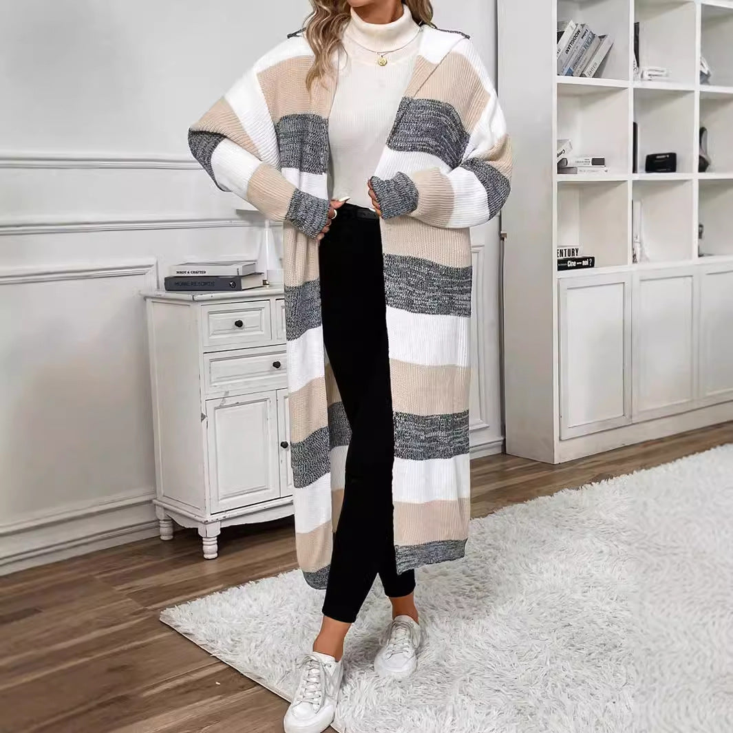 Delphine striped long hooded cardigan, full-length front pose