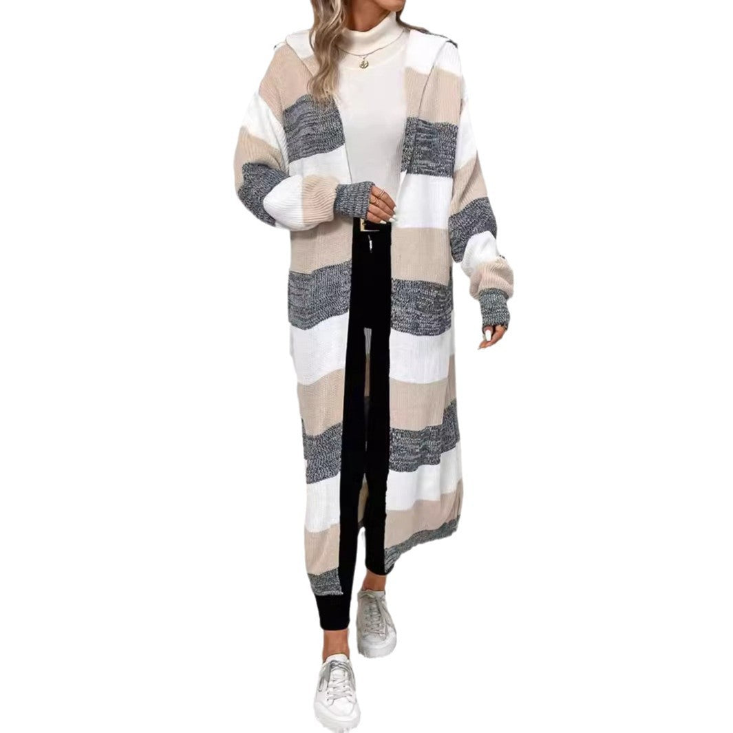 Delphine striped long hooded cardigan, standing pose with hands on waist