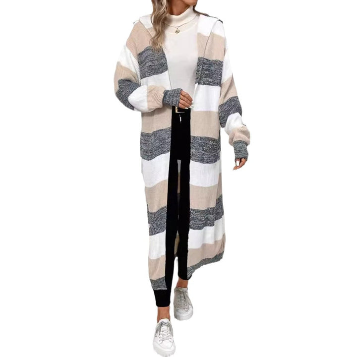 Delphine striped long hooded cardigan, standing pose with hands on waist