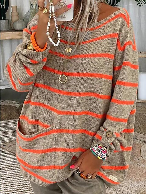 Delphine striped long sleeve fall sweater in orange stripe, front view with pocket detail