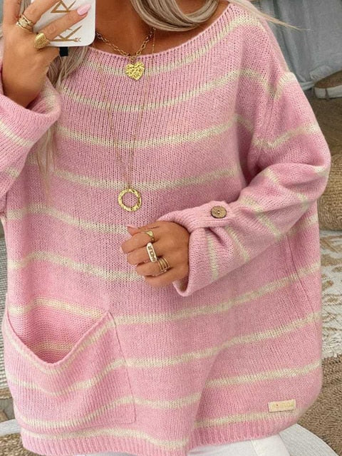 Delphine striped long sleeve fall sweater in pink stripe, close-up front view
