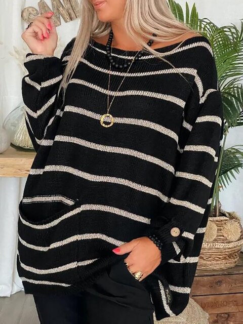 Delphine striped long sleeve fall sweater in black stripe, front view with pocket detail