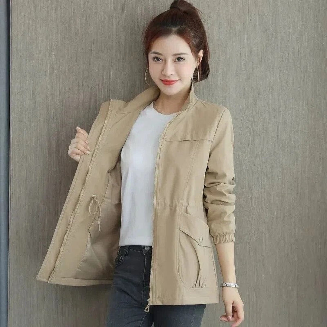 Delphine lightweight bomber jacket in khaki, front view with drawstring waist