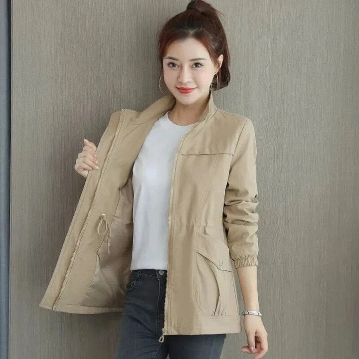 Delphine lightweight bomber jacket in khaki, front view with drawstring waist