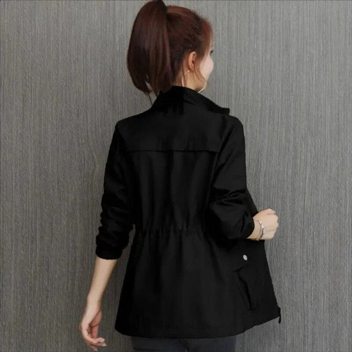 Delphine bomber jacket in black, back view showing stand collar
