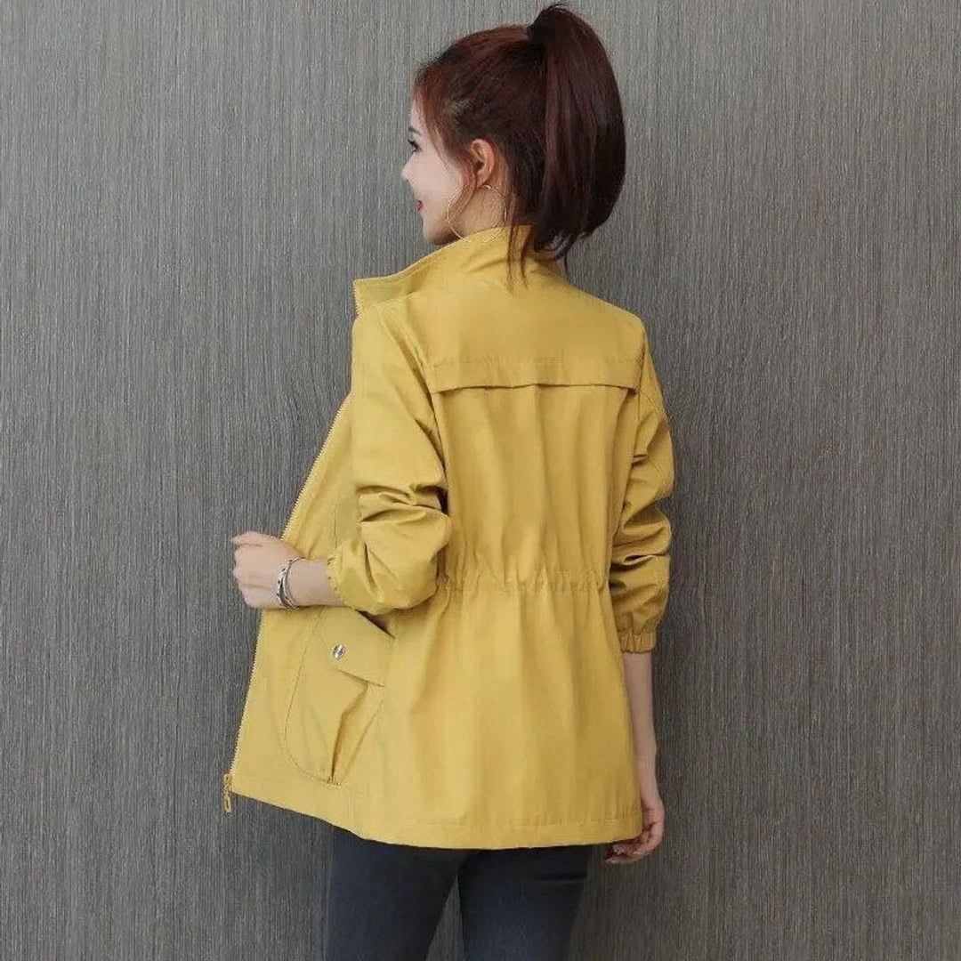 Delphine bomber jacket in yellow, back view on model