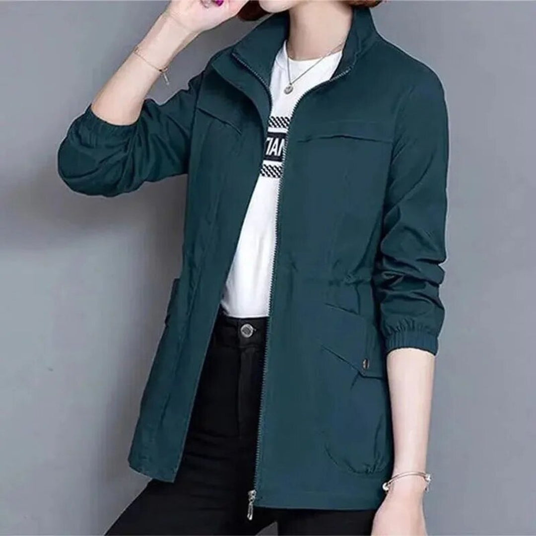 Delphine bomber jacket in teal, front view unzipped