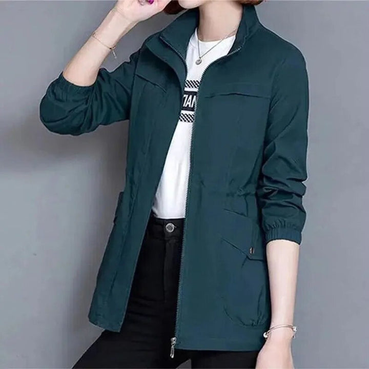 Delphine bomber jacket in teal, front view unzipped