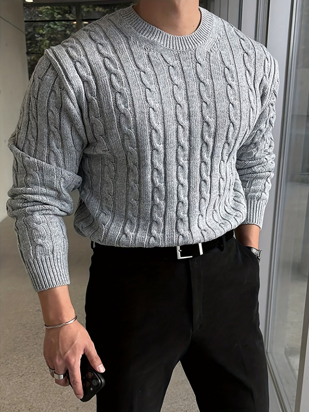 Desmond cable knit crew neck sweater in grey, front view