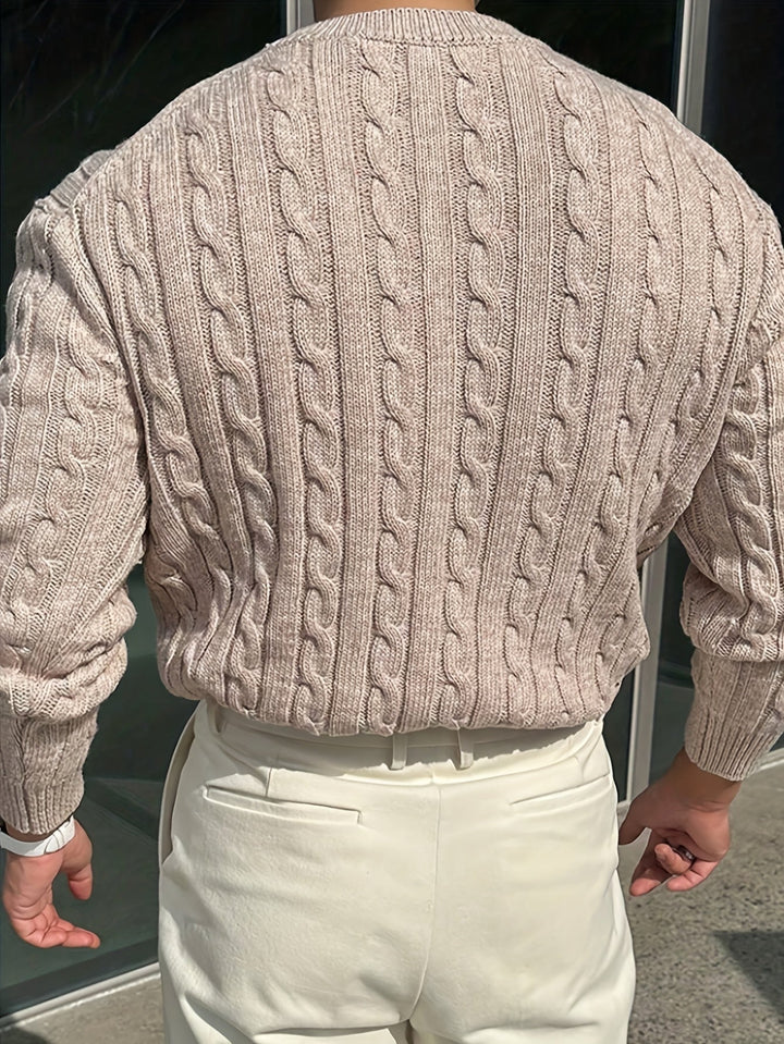 Desmond cable knit crew neck sweater in burgundy, front view