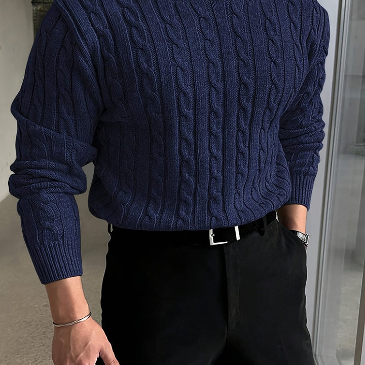 Desmond cable knit crew neck sweater in burgundy, front view