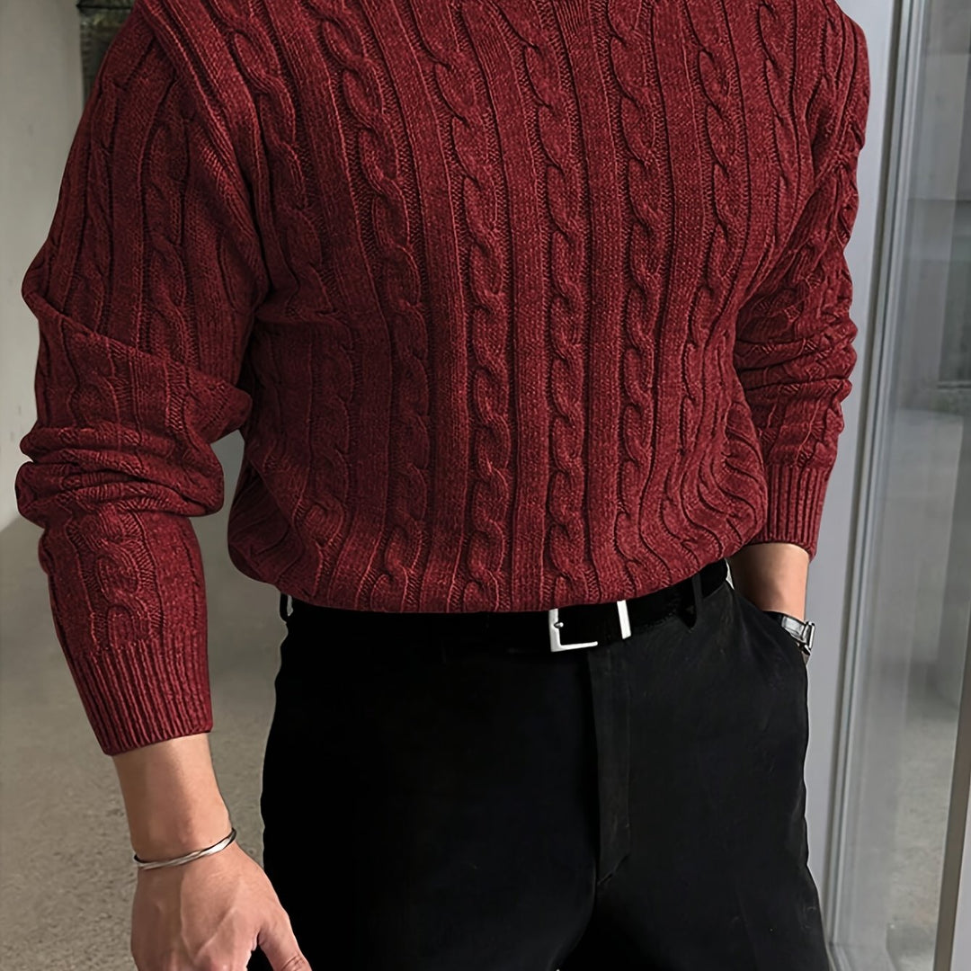 Desmond cable knit crew neck sweater in burgundy, front view