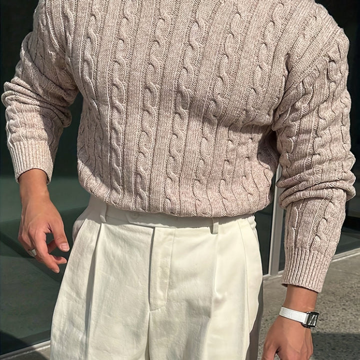 Desmond cable knit crew neck sweater in burgundy, front view