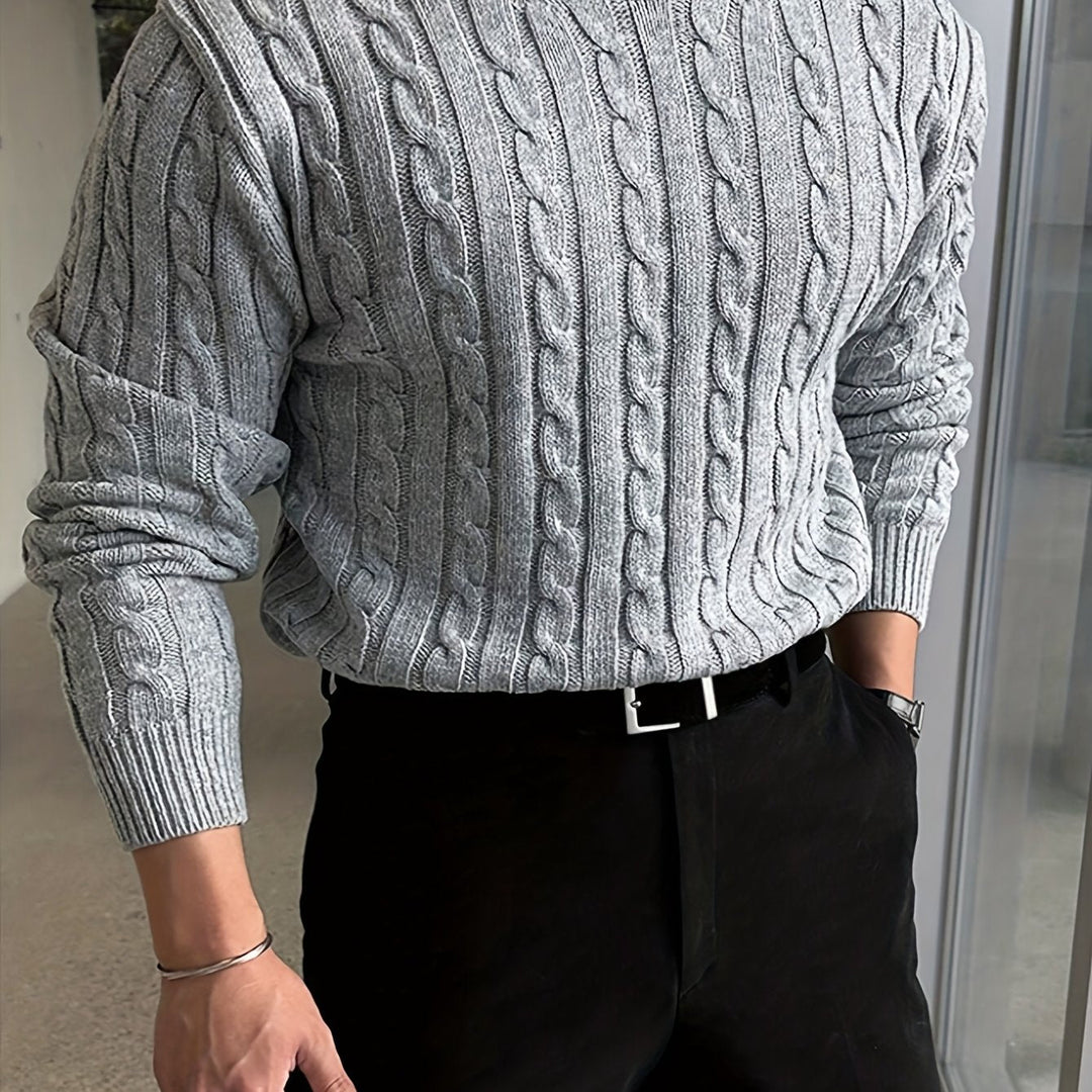 Desmond cable knit crew neck sweater in burgundy, front view