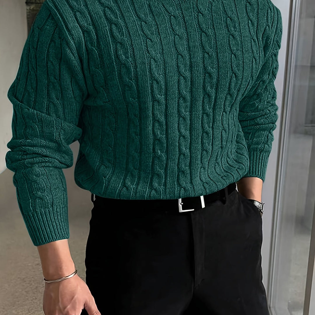 Desmond cable knit crew neck sweater in burgundy, front view
