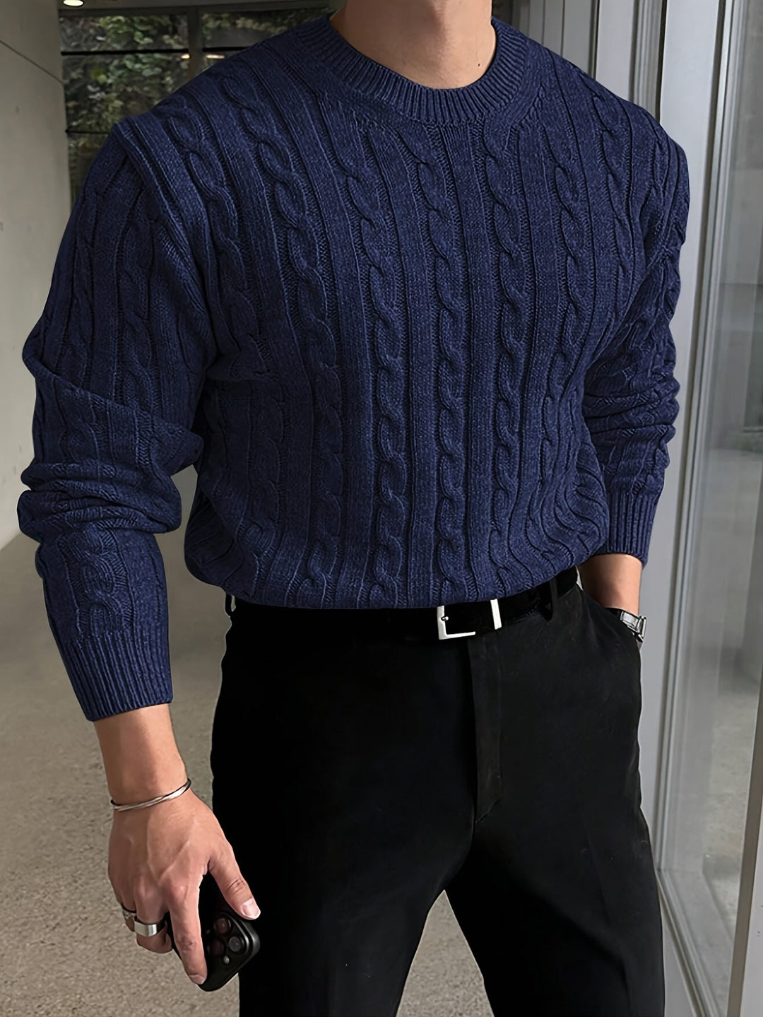 Desmond cable knit crew neck sweater in navy, front view