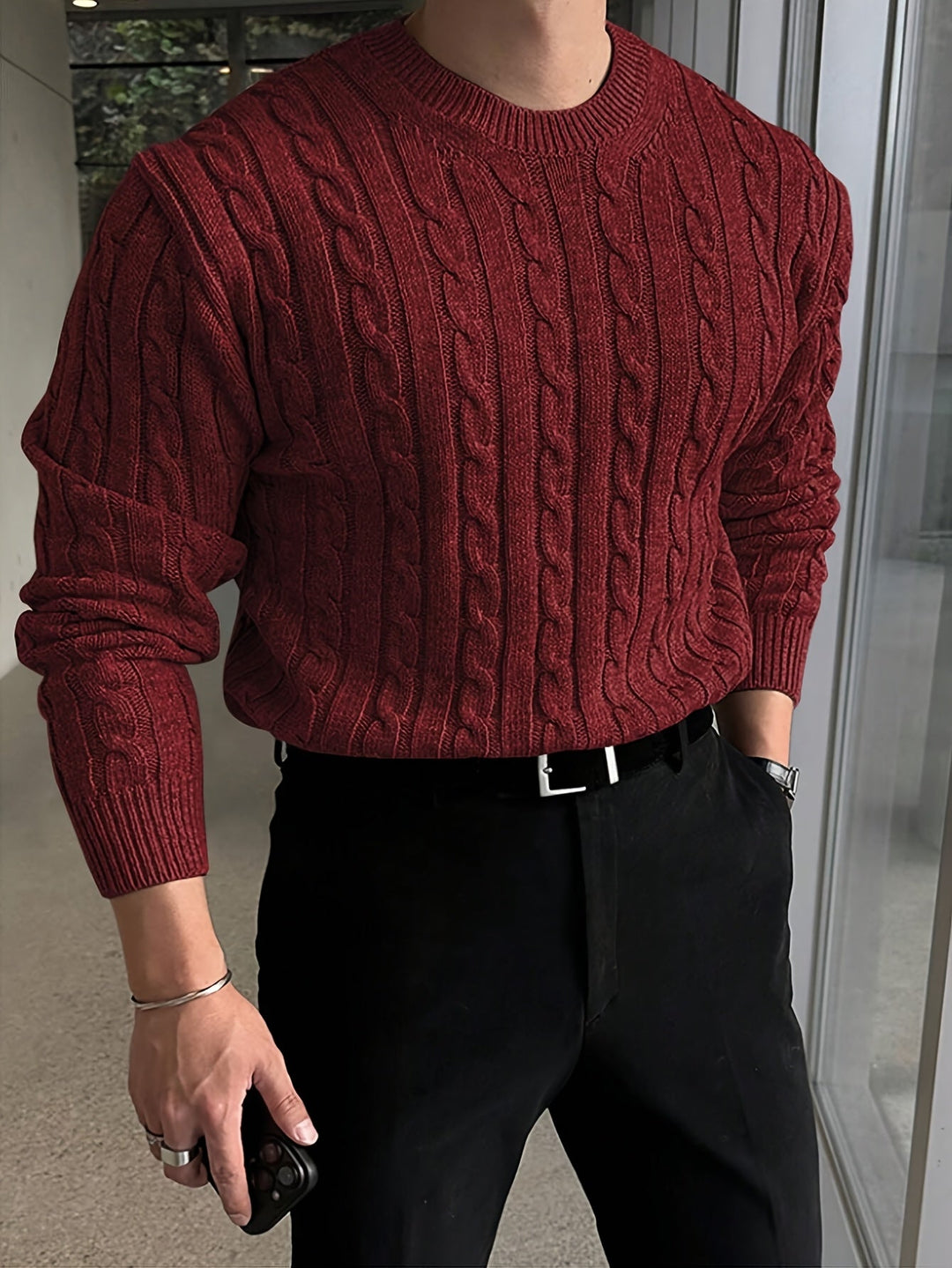 Desmond cable knit crew neck sweater in burgundy, front view