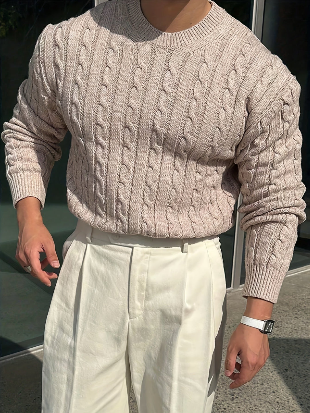 Desmond cable knit crew neck sweater in burgundy, front view