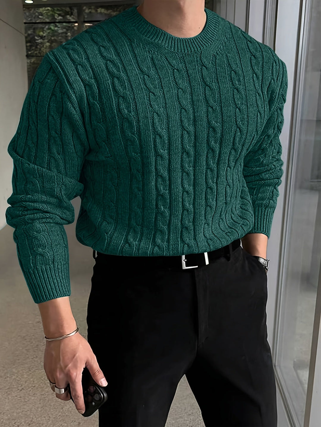 Desmond cable knit crew neck sweater in burgundy, front view