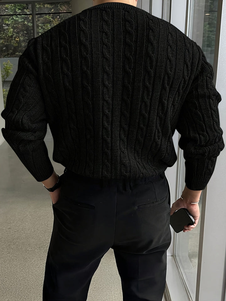Desmond cable knit crew neck sweater in burgundy, front view