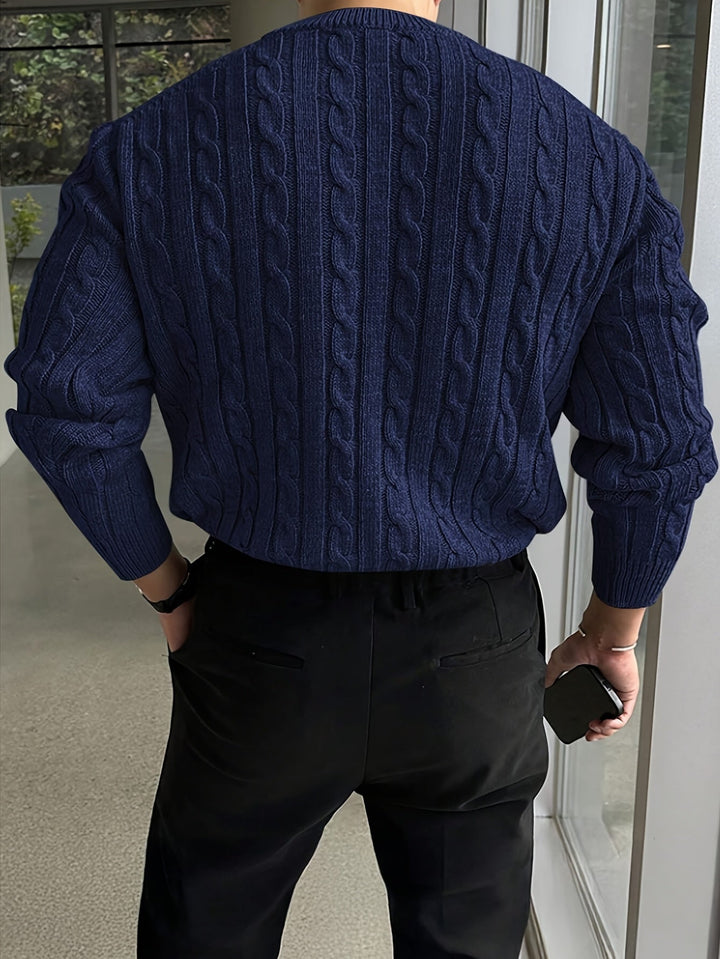 Desmond cable knit crew neck sweater in burgundy, front view