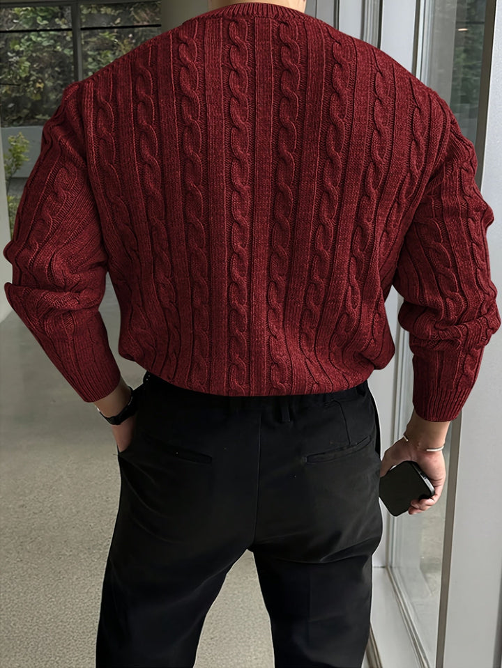 Desmond cable knit crew neck sweater in burgundy, front view