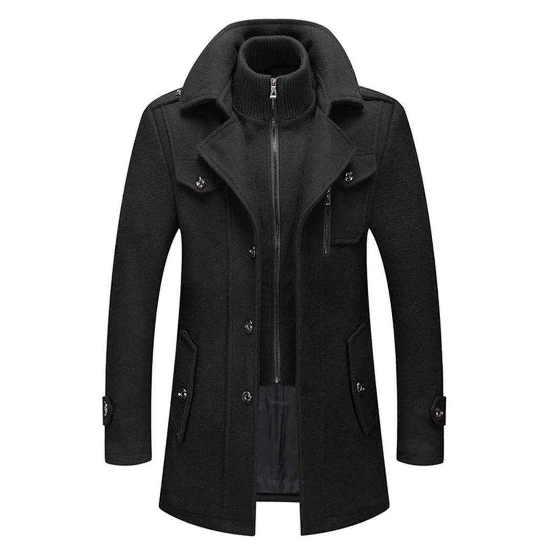 Desmond single-breasted wool blend overcoat with knit collar, front view zipped open