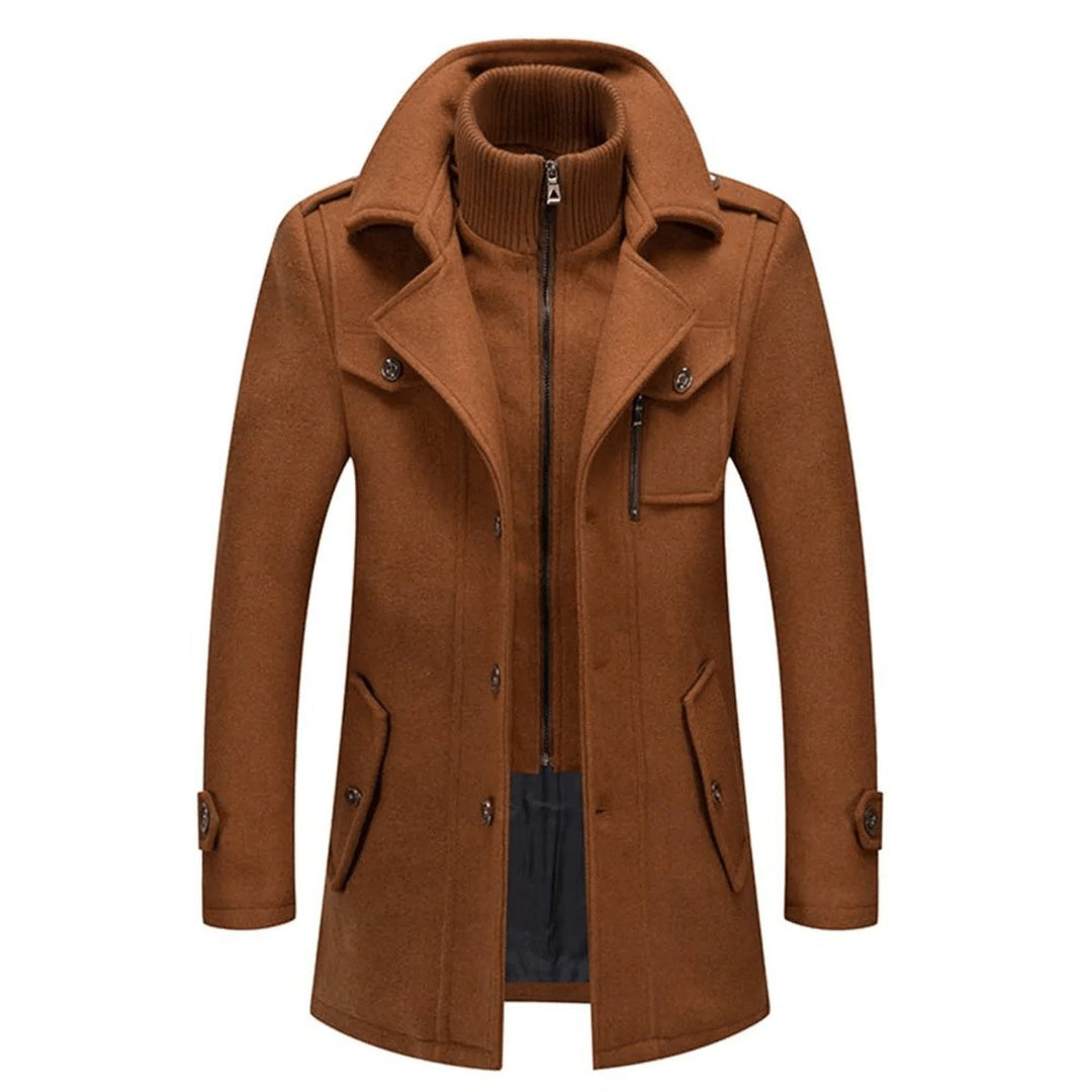 Desmond single-breasted overcoat in brown, front view zipped open