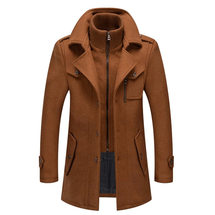 Desmond single-breasted overcoat in brown, front view zipped open