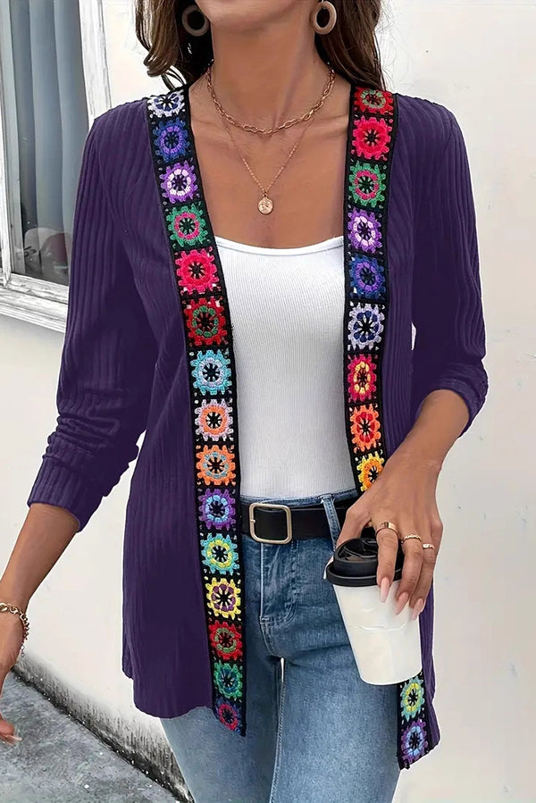 Rosamund | Women's Boho Floral Trim Long Cardigan