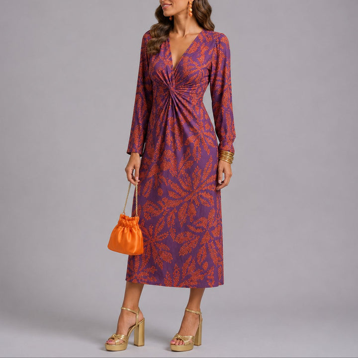 Eleanor purple floral twist-front midi dress with V-neck, front view