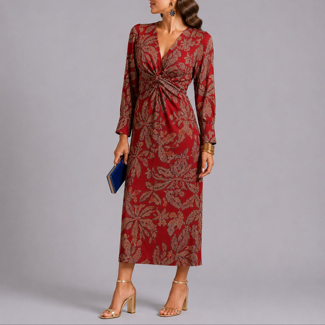 Eleanor red floral twist-front midi dress with V-neck, side view