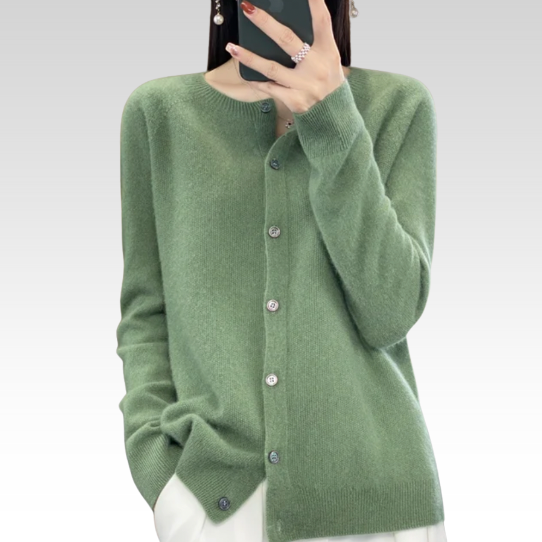 Eleanor green round neck button down cardigan, front view