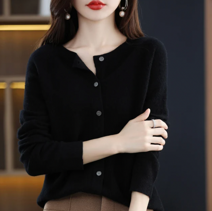 Eleanor black round neck button down cardigan, close-up detail