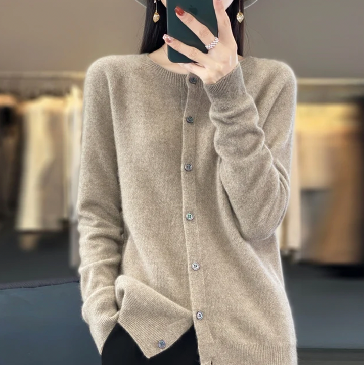 Eleanor beige round neck button down cardigan, front view