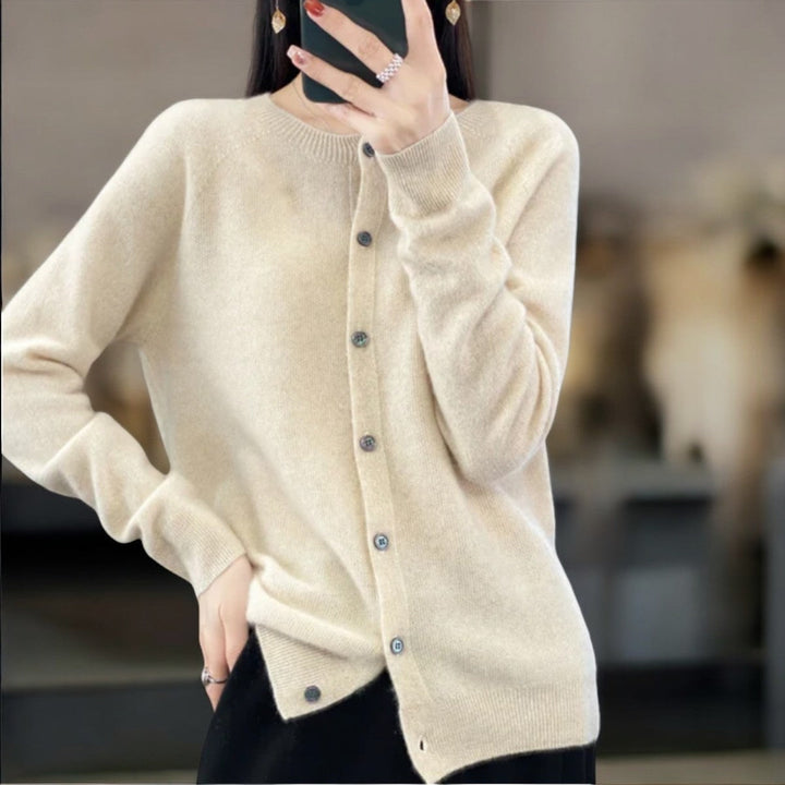 Eleanor cream round neck button down cardigan, front view