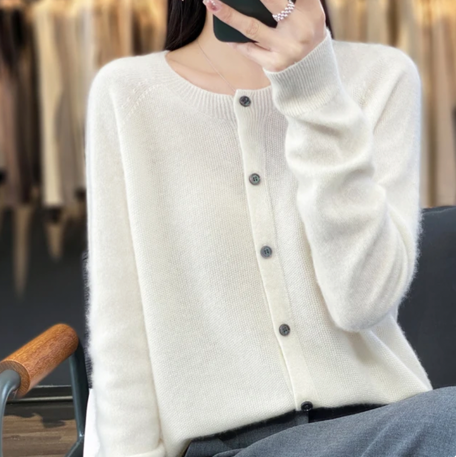 Eleanor white round neck button down cardigan, front view